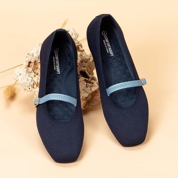 Frank Mully Mary Jane Women Blue Mesh Slip on Square-Toe Ankle Strap Flat Shoes - Picture 6 of 7